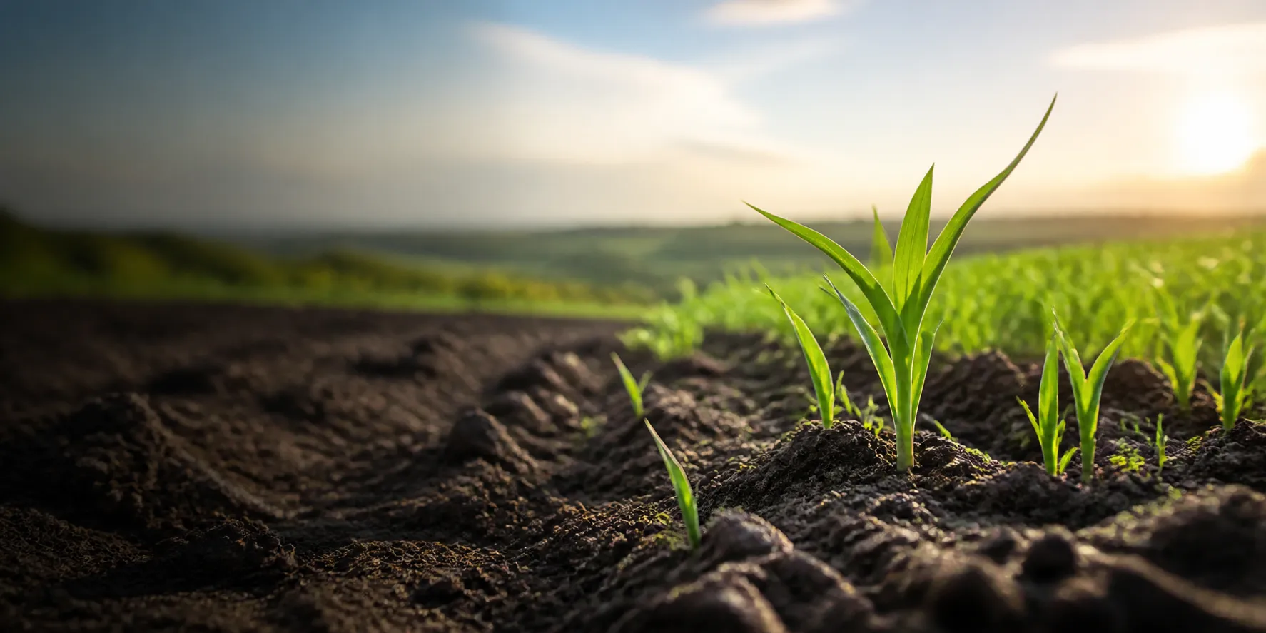 Healthy dark soil with green seedlings, representing Soilistry soil care